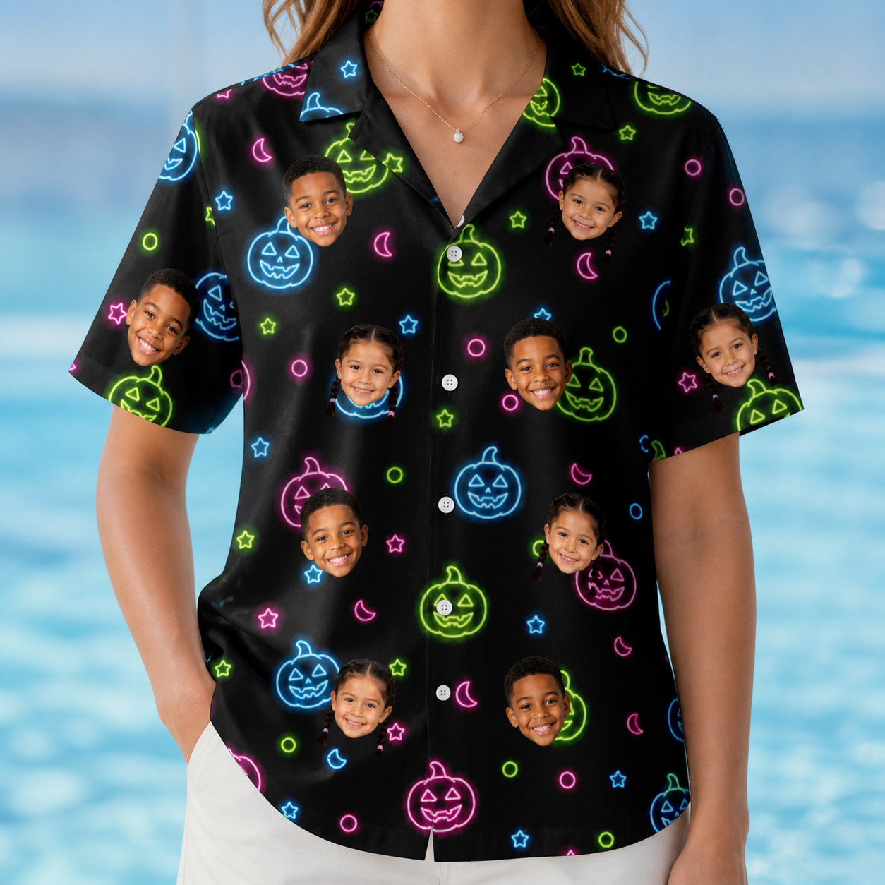Model wearing Women's Lantern Lunacy Custom Face Hawaiian Shirt printed with kids' faces