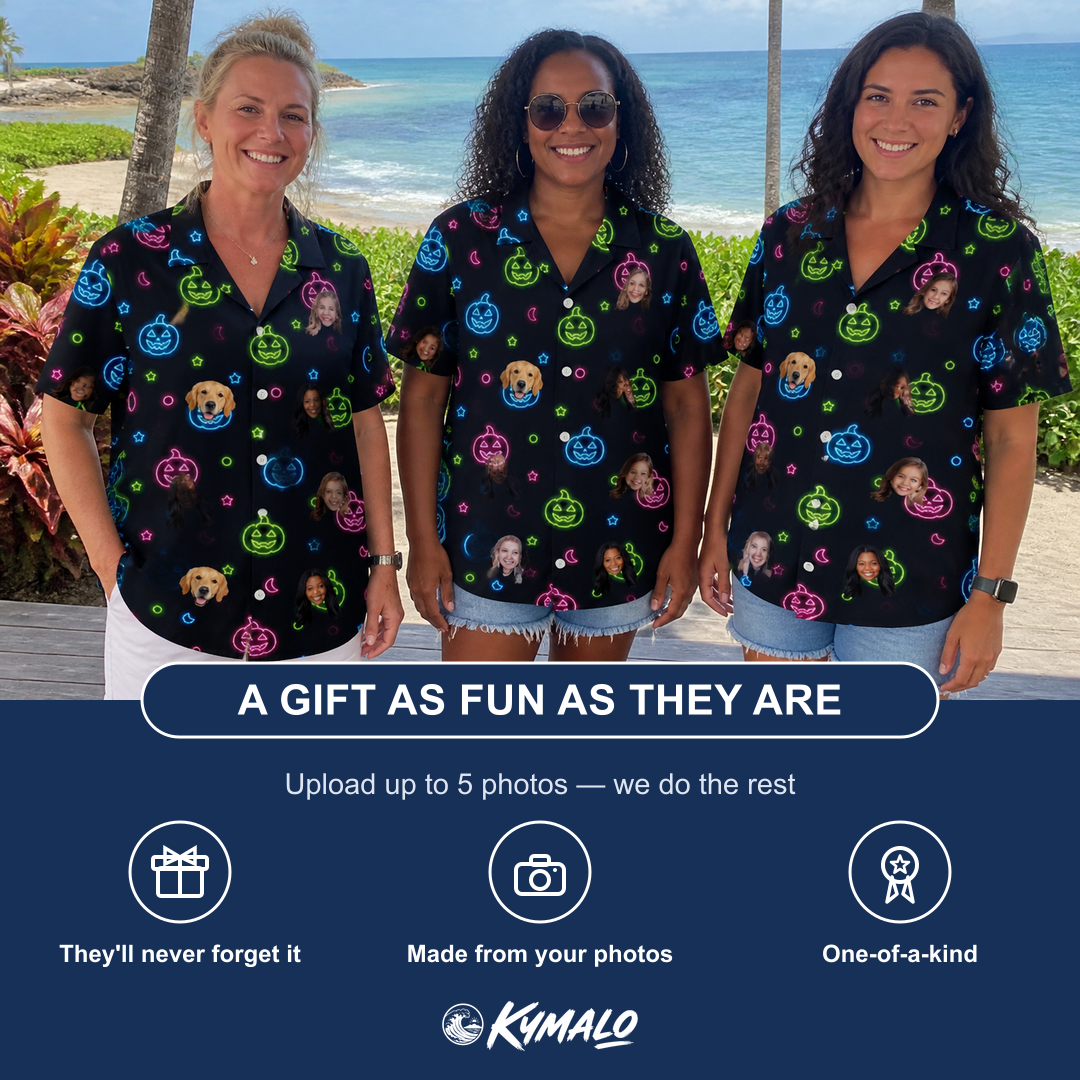 Friends in matching Women's Lantern Lunacy Custom Face Hawaiian Shirt — a group gift photo