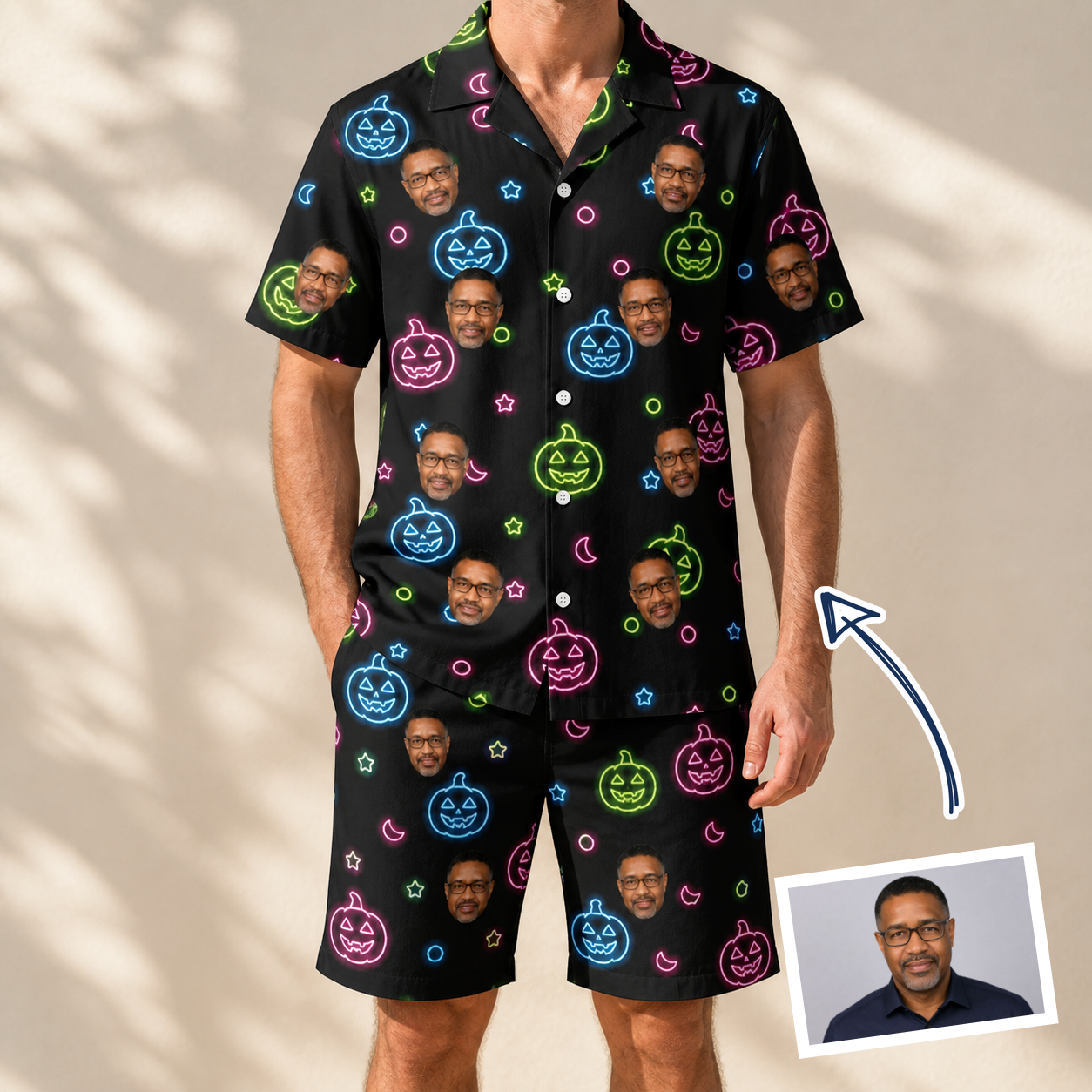 Man wearing Men's Lantern Lunacy Custom Face Shirt & Shorts Set — custom faces printed all-over
