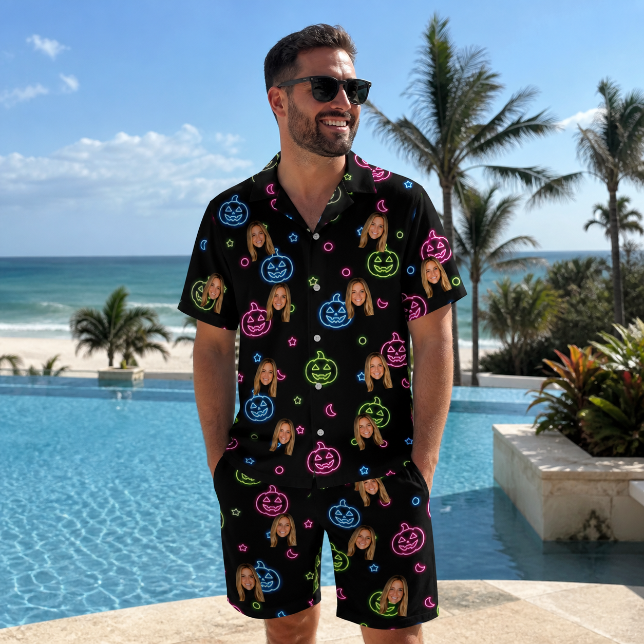 Real-life photo of someone wearing Men's Lantern Lunacy Custom Face Shirt & Shorts Set — custom faces printed all-over