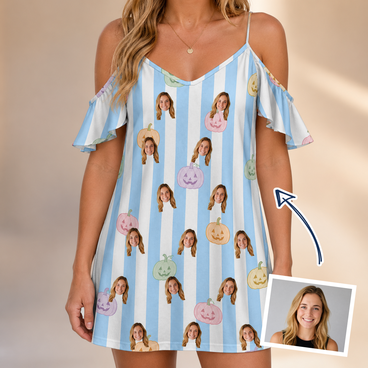 Woman wearing Women's Harvest Haunters Custom Face Off-Shoulder Dress — custom faces printed all-over