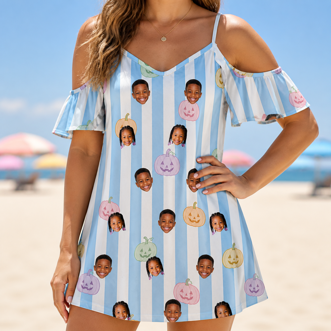 Model wearing Women's Harvest Haunters Custom Face Off-Shoulder Dress printed with kids' faces