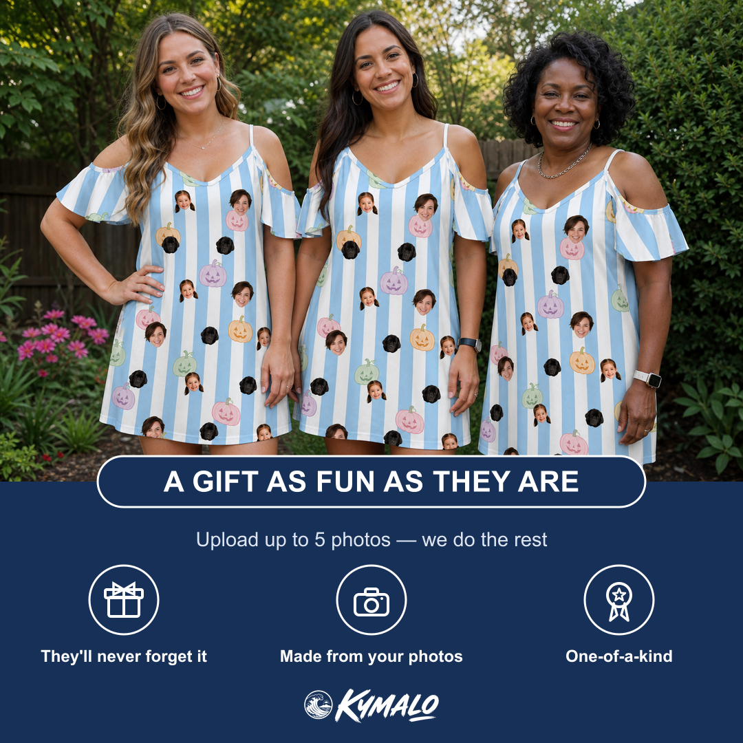 Friends in matching Women's Harvest Haunters Custom Face Off-Shoulder Dress — a group gift photo