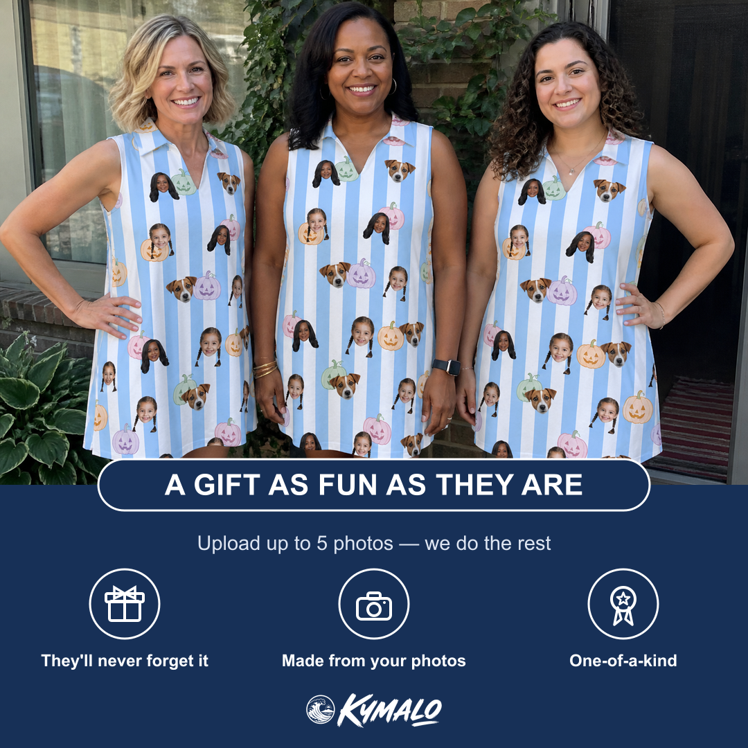 Friends in matching Women's Harvest Haunters Custom Face V-Neck Dress — a group gift photo