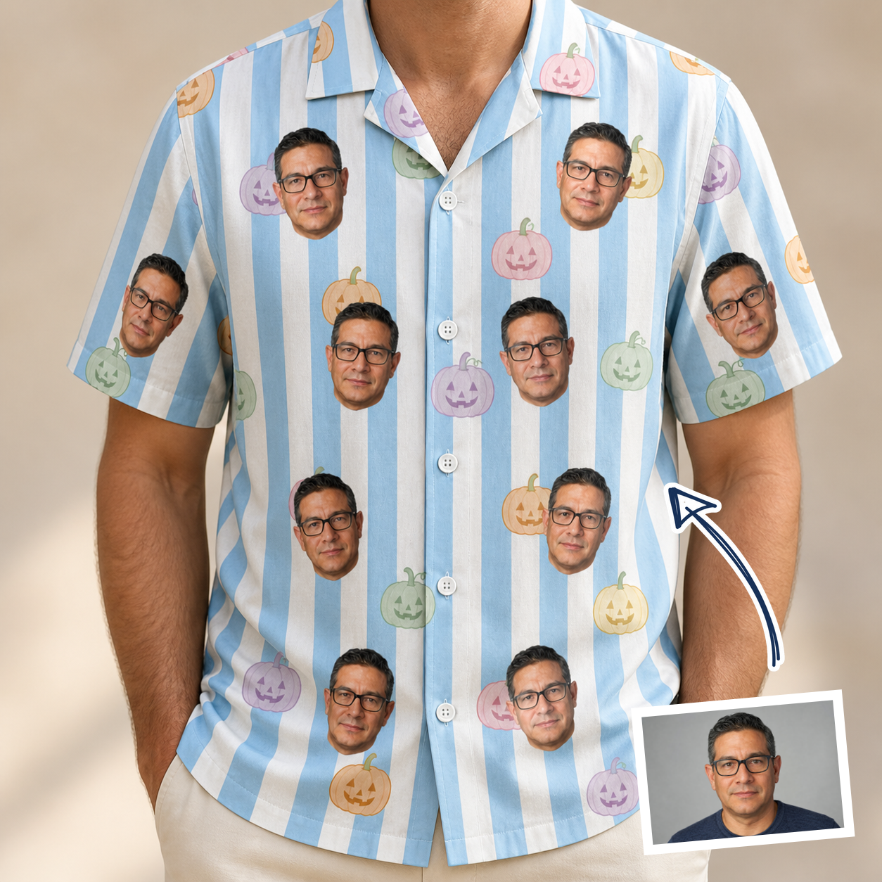 Man wearing Men's Harvest Haunters Custom Face Hawaiian Shirt — custom faces printed all-over