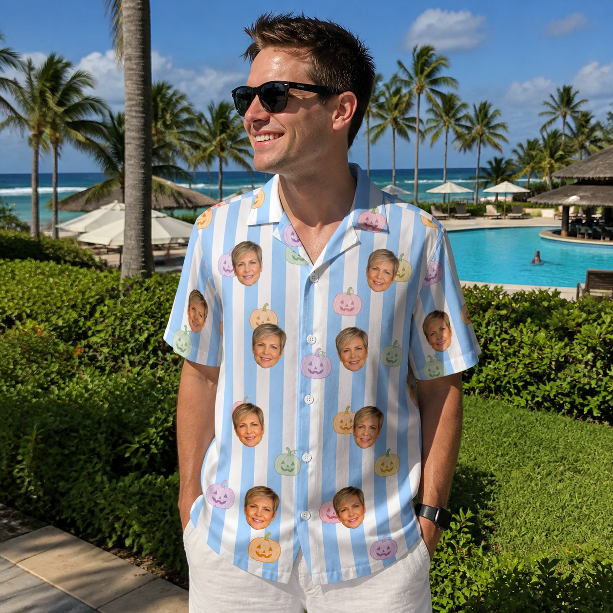 Real-life photo of someone wearing Men's Harvest Haunters Custom Face Hawaiian Shirt — custom faces printed all-over