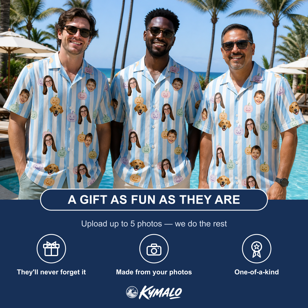 Friends in matching Men's Harvest Haunters Custom Face Hawaiian Shirt — a group gift photo