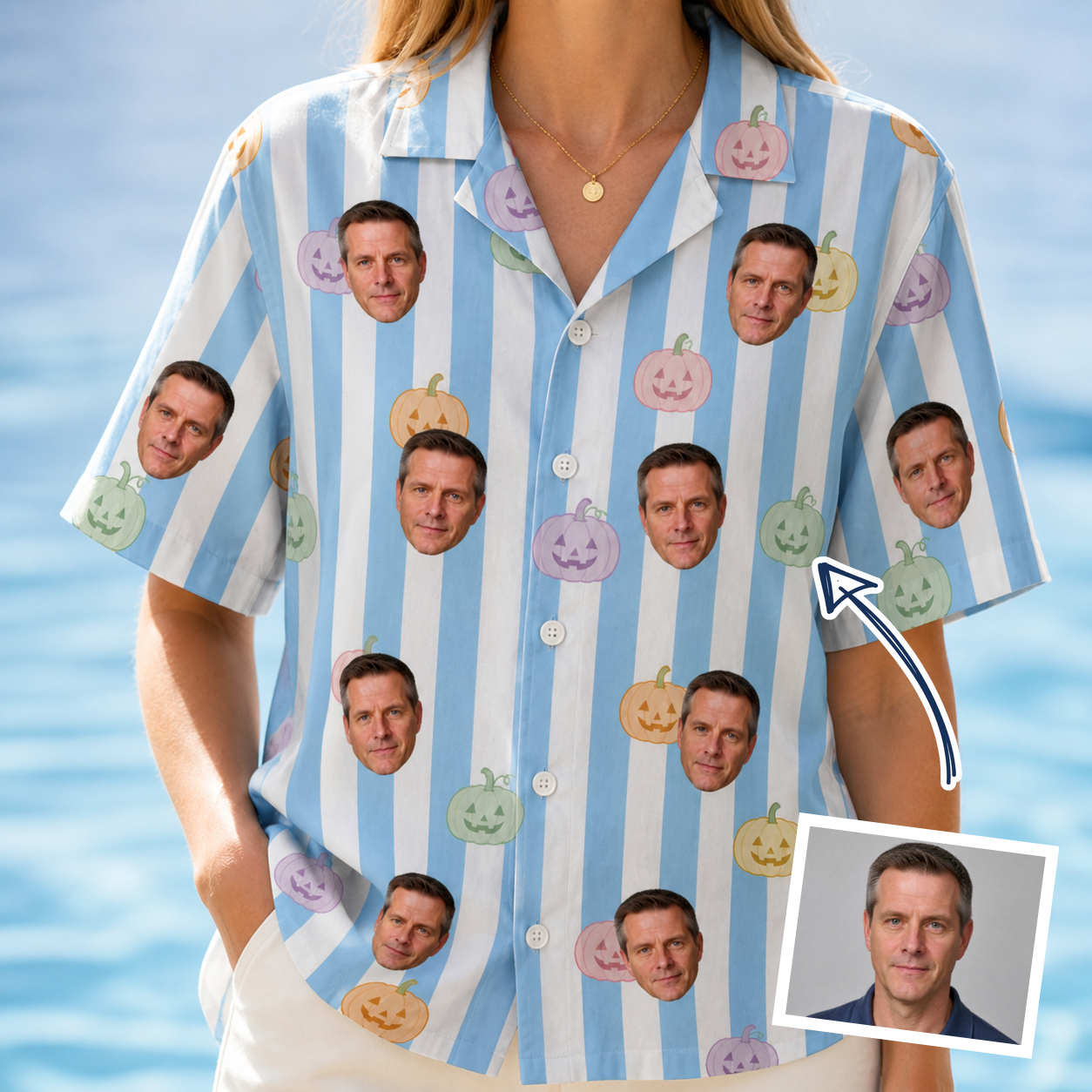 Woman wearing Women's Harvest Haunters Custom Face Hawaiian Shirt — custom faces printed all-over