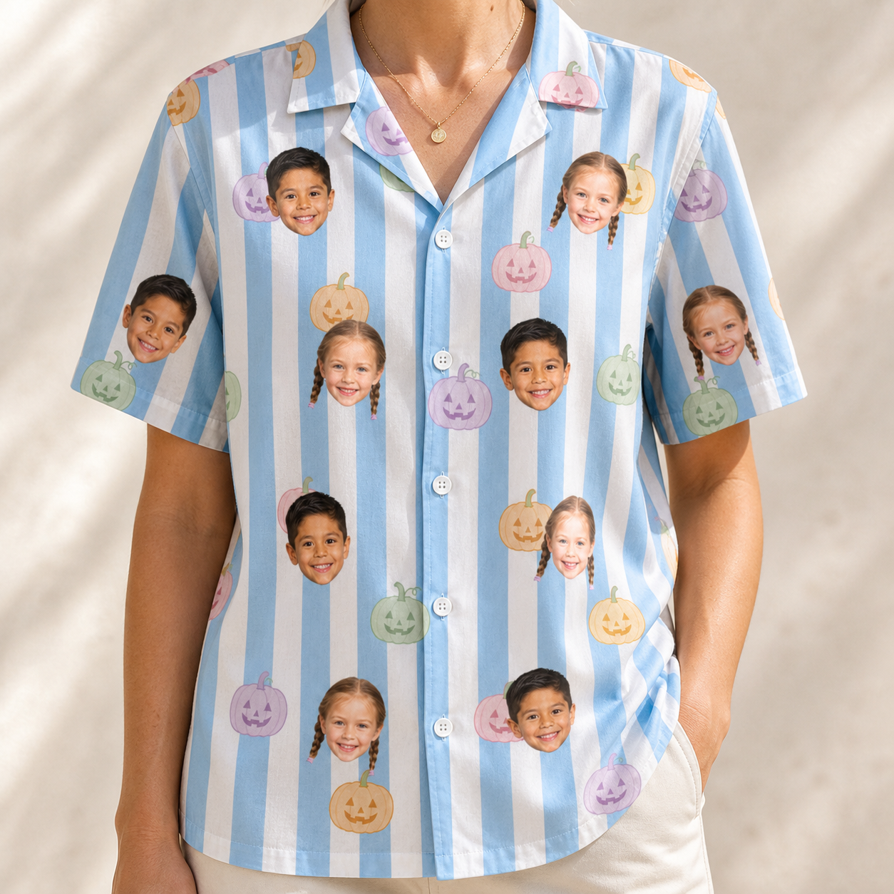 Model wearing Women's Harvest Haunters Custom Face Hawaiian Shirt printed with kids' faces