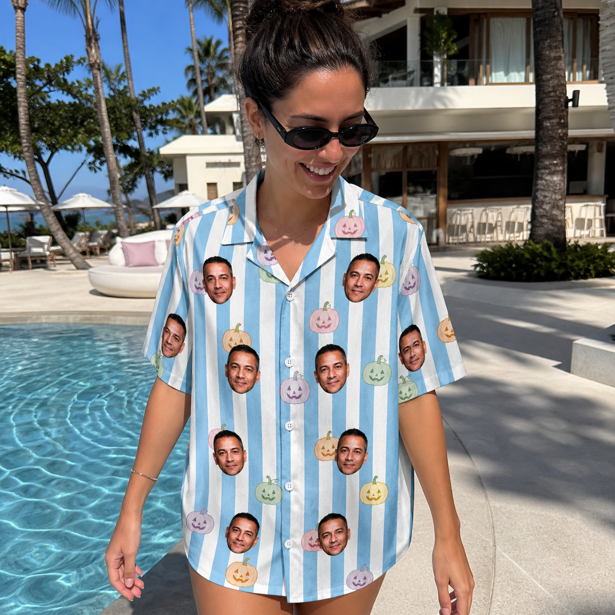 Real-life photo of someone wearing Women's Harvest Haunters Custom Face Hawaiian Shirt — custom faces printed all-over