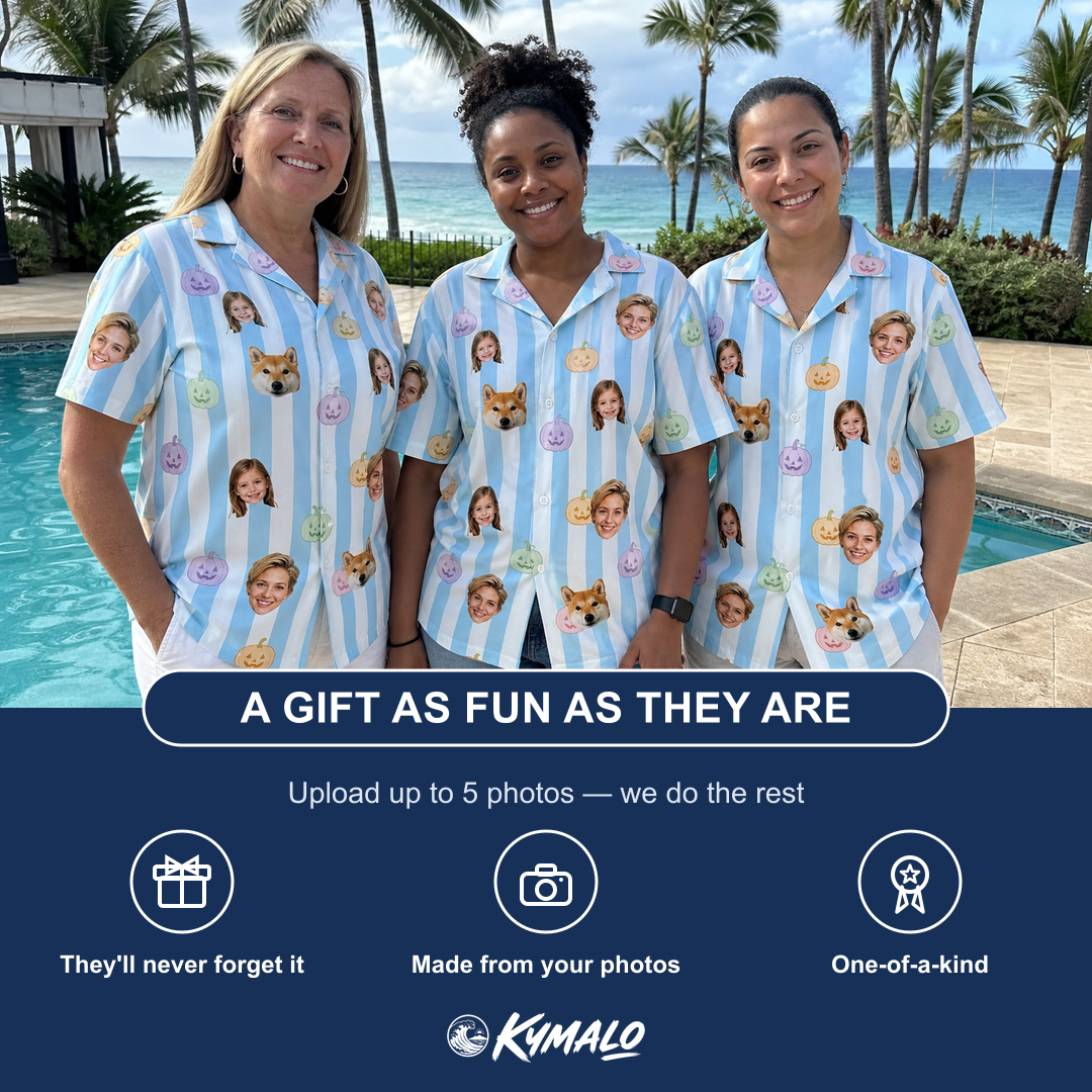 Friends in matching Women's Harvest Haunters Custom Face Hawaiian Shirt — a group gift photo