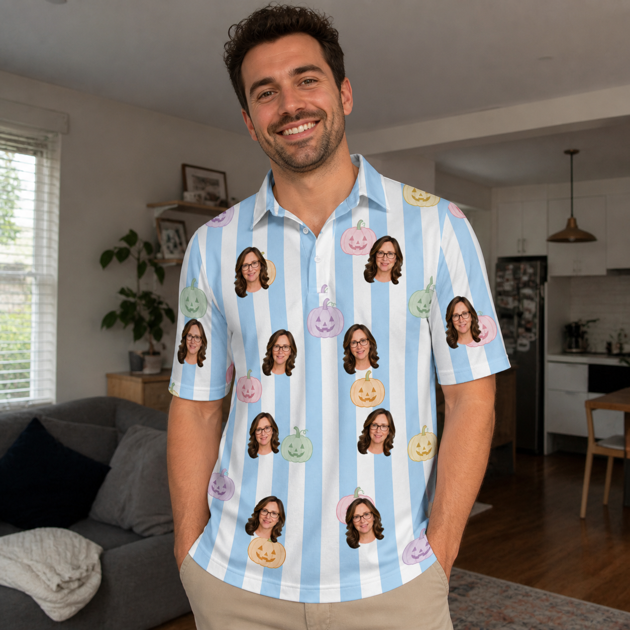 Real-life photo of someone wearing Men's Harvest Haunters Custom Face Polo Shirt — custom faces printed all-over