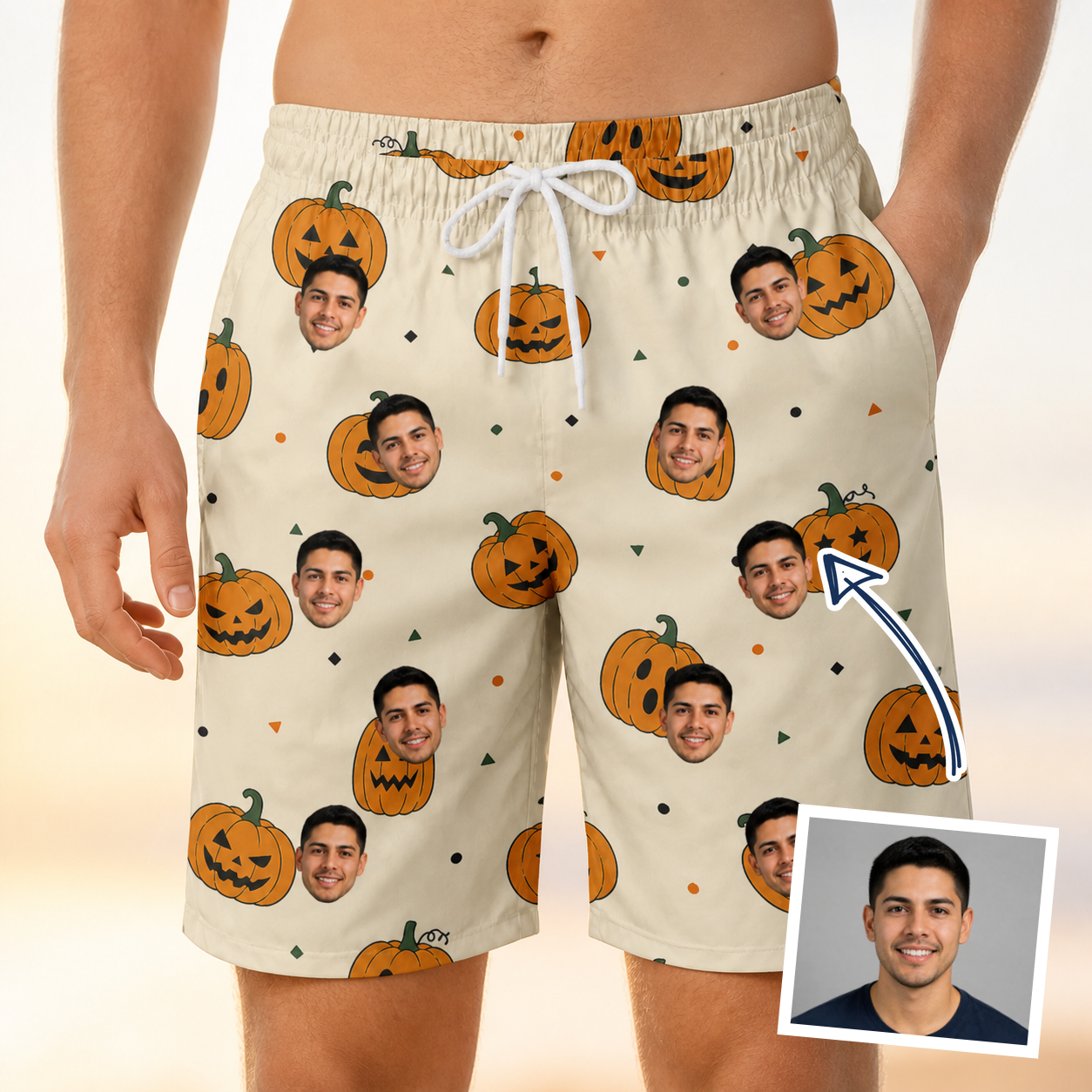 Man wearing Men's Ember Eyes Custom Face Beach Shorts — custom faces printed all-over