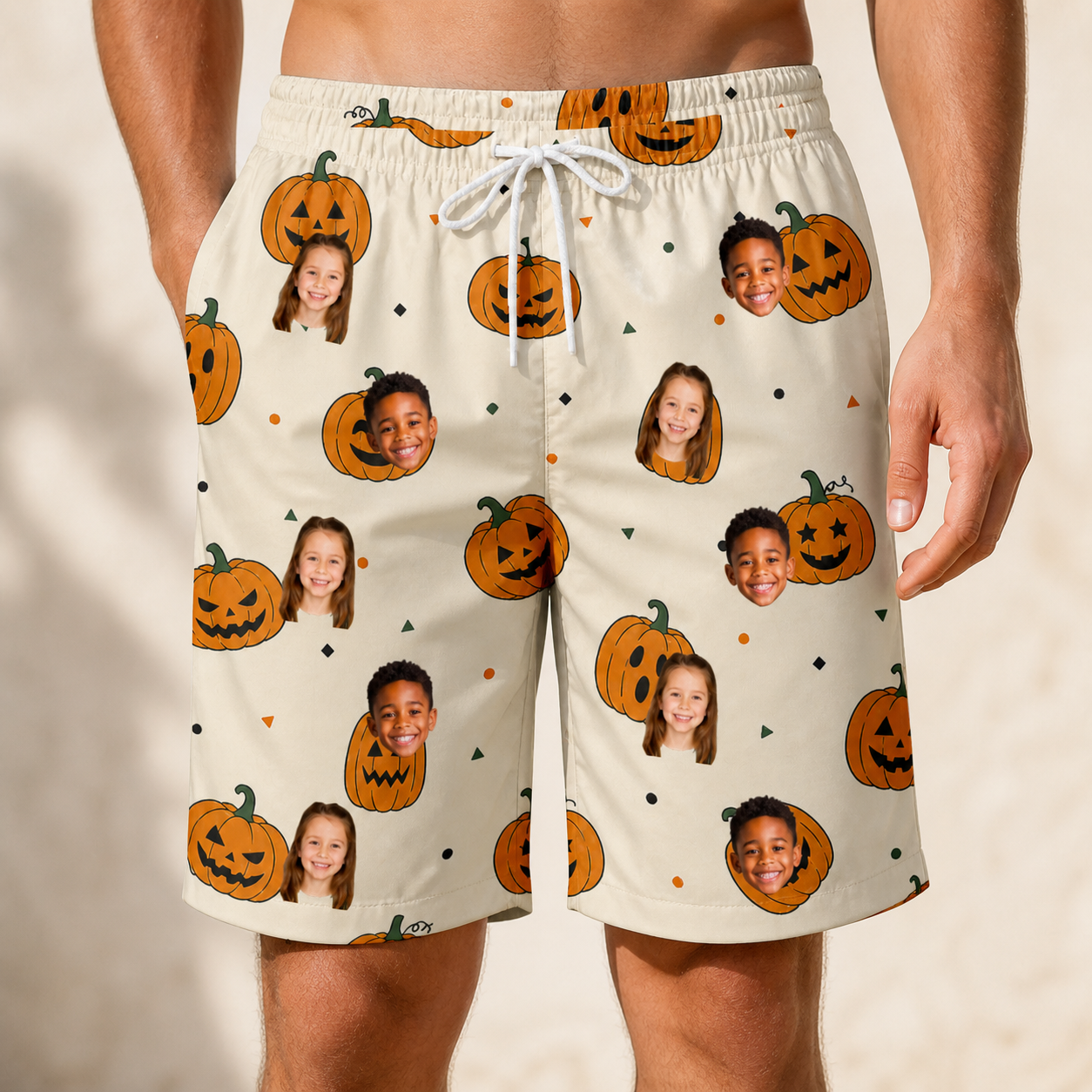Model wearing Men's Ember Eyes Custom Face Beach Shorts printed with kids' faces