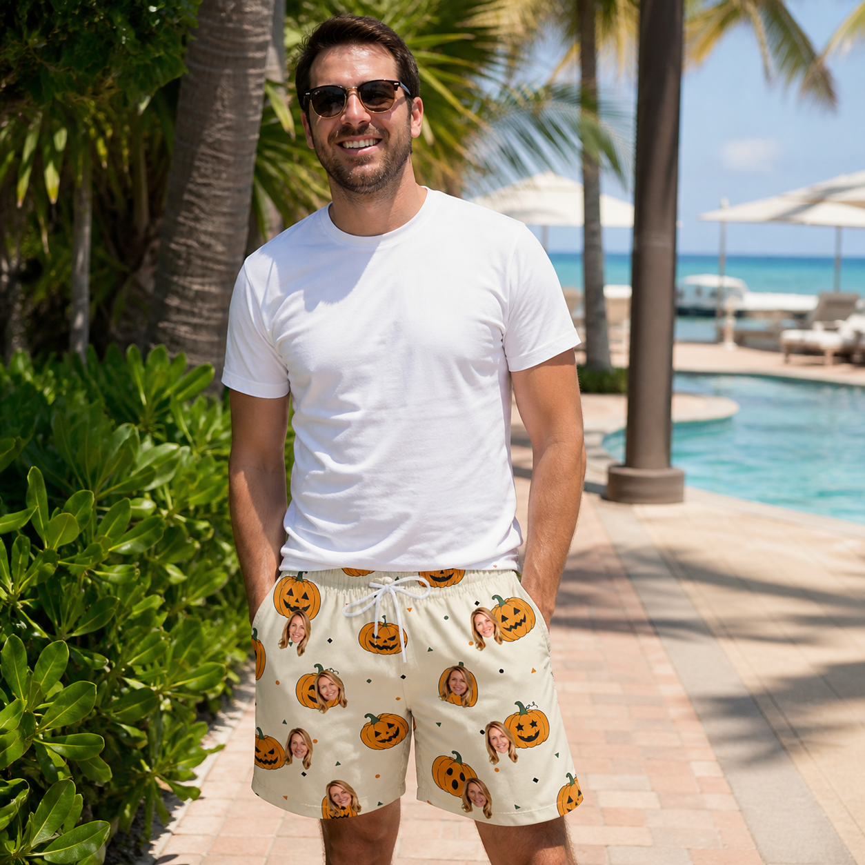 Real-life photo of someone wearing Men's Ember Eyes Custom Face Beach Shorts — custom faces printed all-over