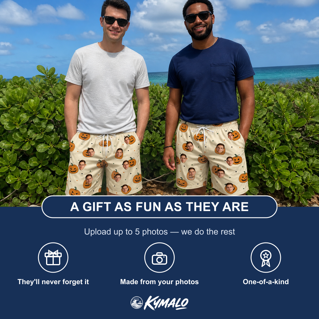 Friends in matching Men's Ember Eyes Custom Face Beach Shorts — a group gift photo