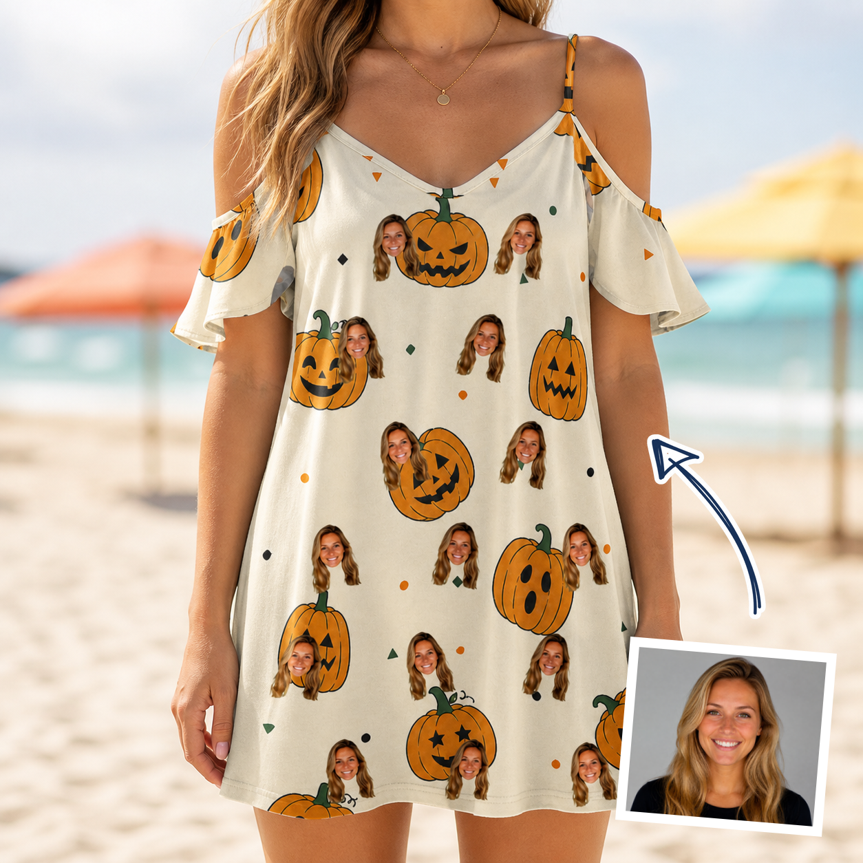 Woman wearing Women's Ember Eyes Custom Face Off-Shoulder Dress — custom faces printed all-over
