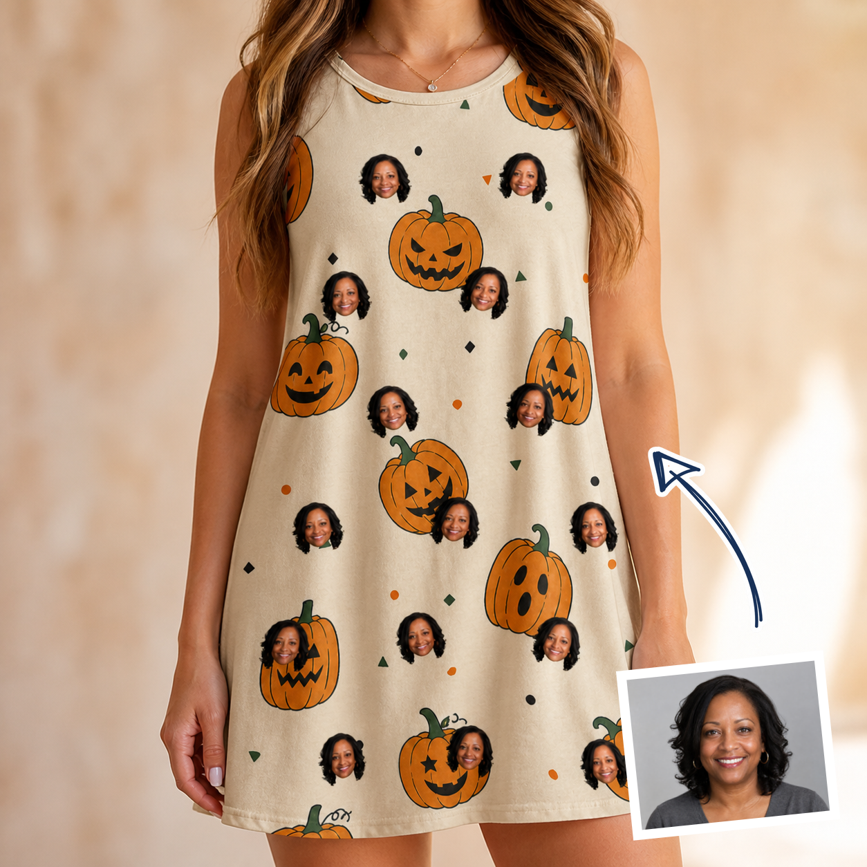 Woman wearing Women's Ember Eyes Custom Face Tank Dress — custom faces printed all-over