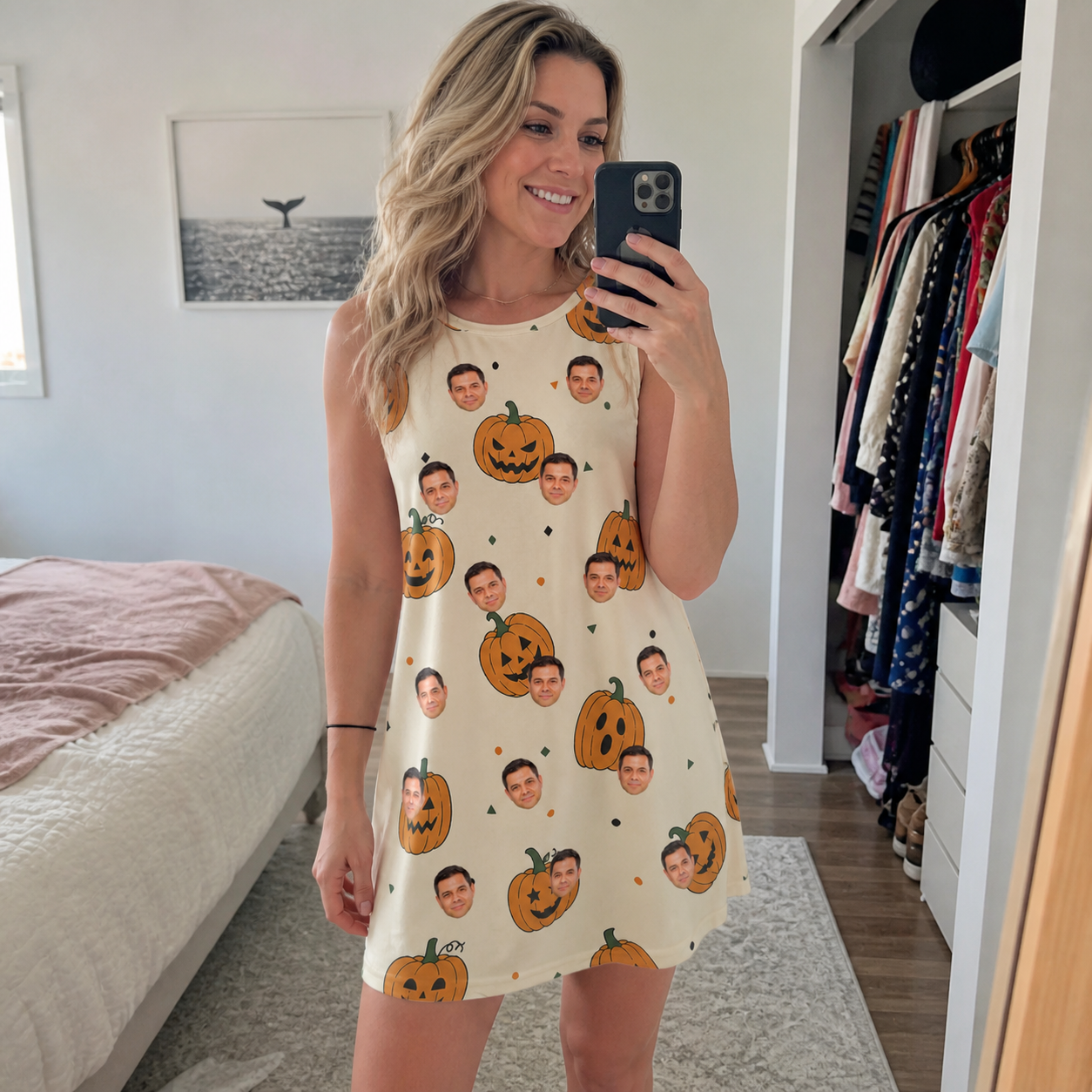 Real-life photo of someone wearing Women's Ember Eyes Custom Face Tank Dress — custom faces printed all-over