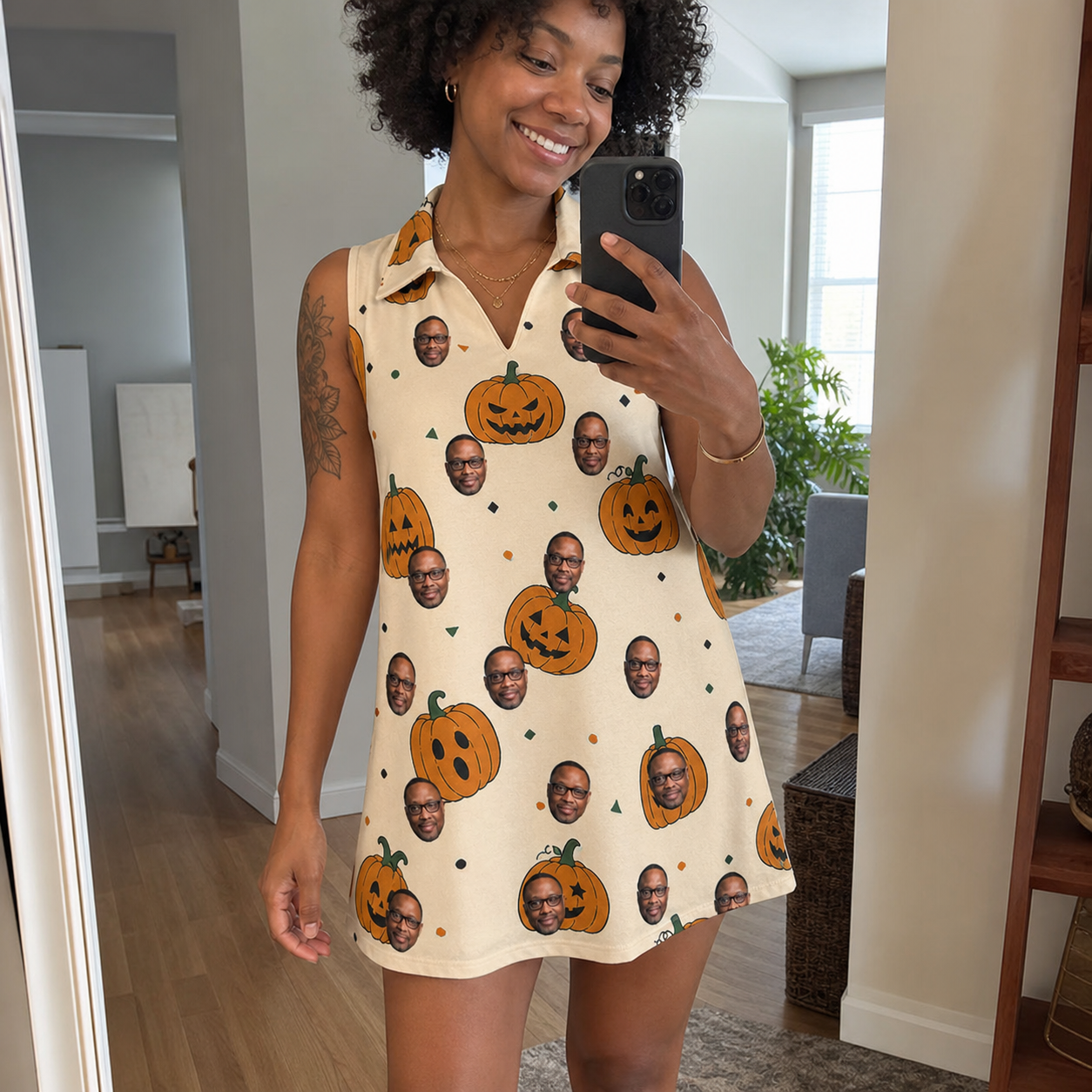 Real-life photo of someone wearing Women's Ember Eyes Custom Face V-Neck Dress — custom faces printed all-over
