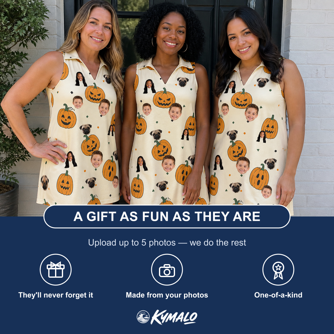 Friends in matching Women's Ember Eyes Custom Face V-Neck Dress — a group gift photo
