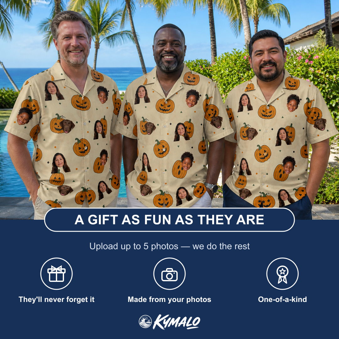 Friends in matching Men's Ember Eyes Custom Face Hawaiian Shirt — a group gift photo