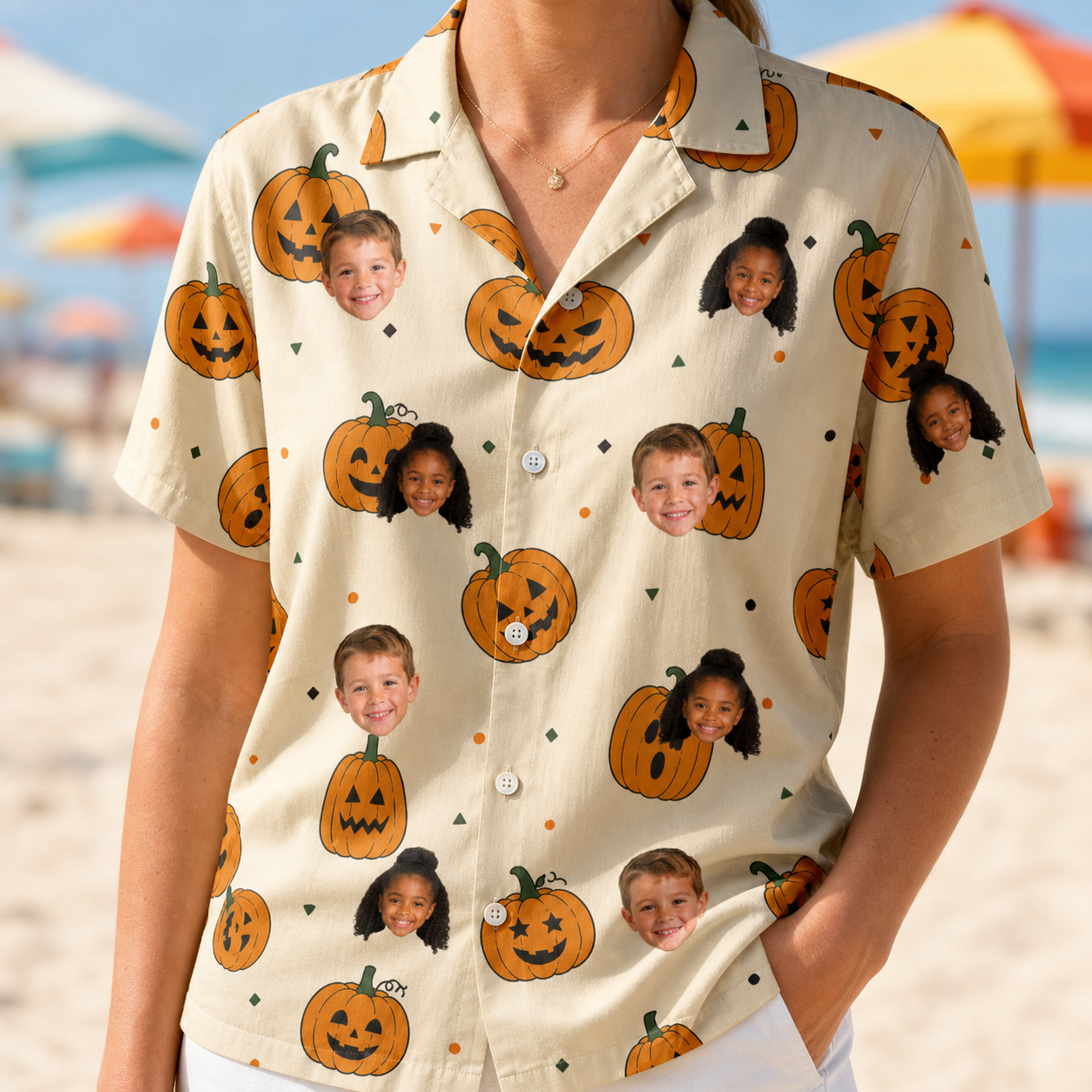 Model wearing Women's Ember Eyes Custom Face Hawaiian Shirt printed with kids' faces