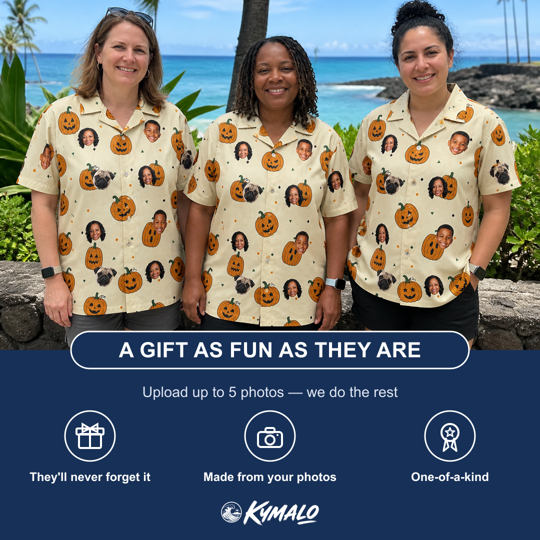 Friends in matching Women's Ember Eyes Custom Face Hawaiian Shirt — a group gift photo