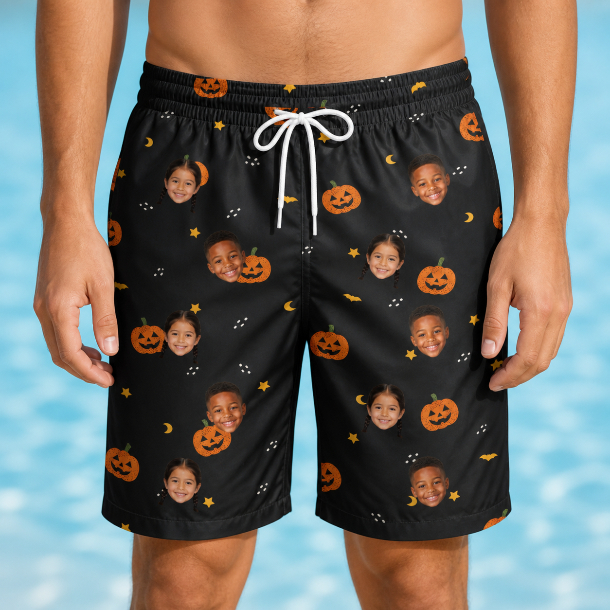 Model wearing Men's Cackle Carvings Custom Face Beach Shorts printed with kids' faces