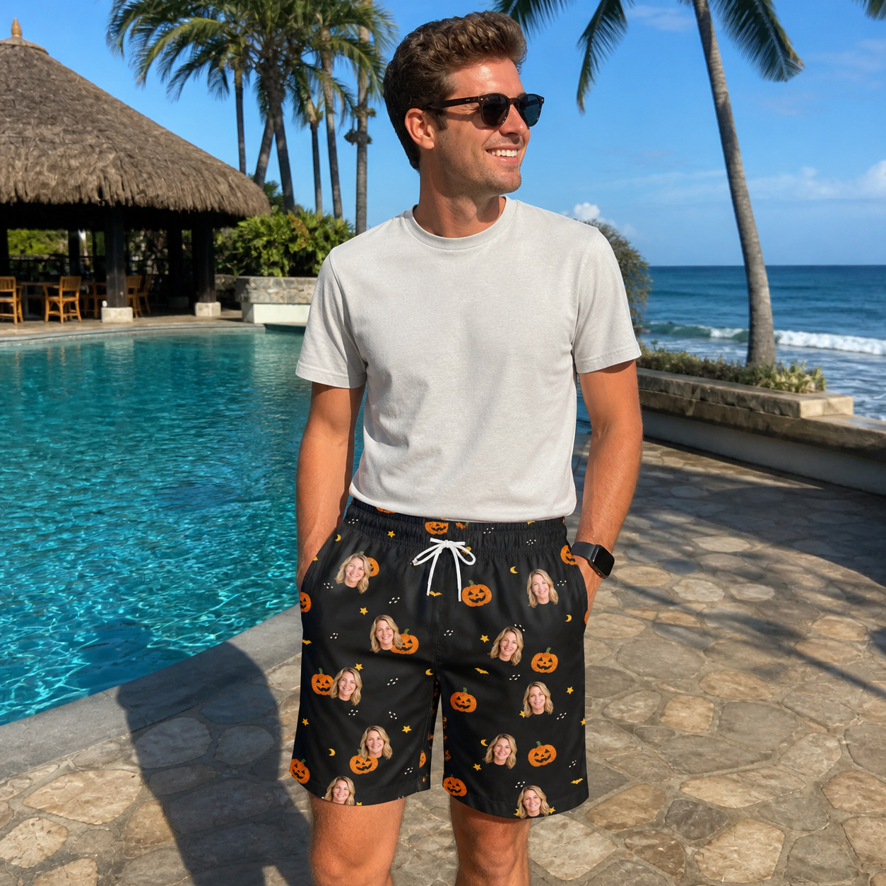 Real-life photo of someone wearing Men's Cackle Carvings Custom Face Beach Shorts — custom faces printed all-over