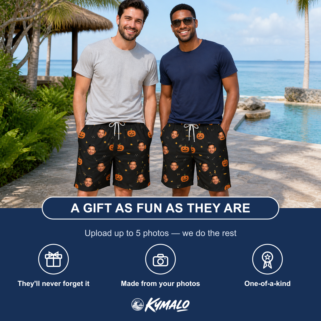 Friends in matching Men's Cackle Carvings Custom Face Beach Shorts — a group gift photo