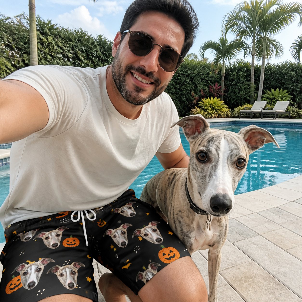 Selfie with the pet whose face is printed all over this Men's Cackle Carvings Custom Dog Face Beach Shorts