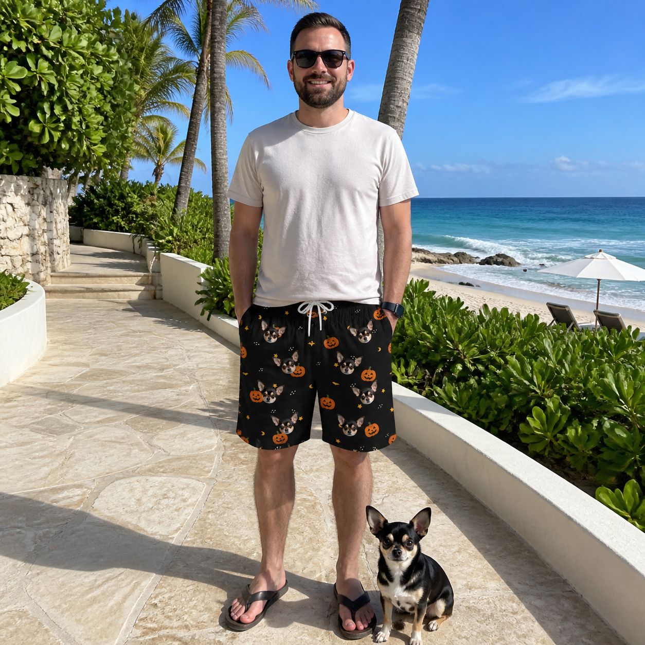Full-length photo with the pet printed all over this Men's Cackle Carvings Custom Dog Face Beach Shorts