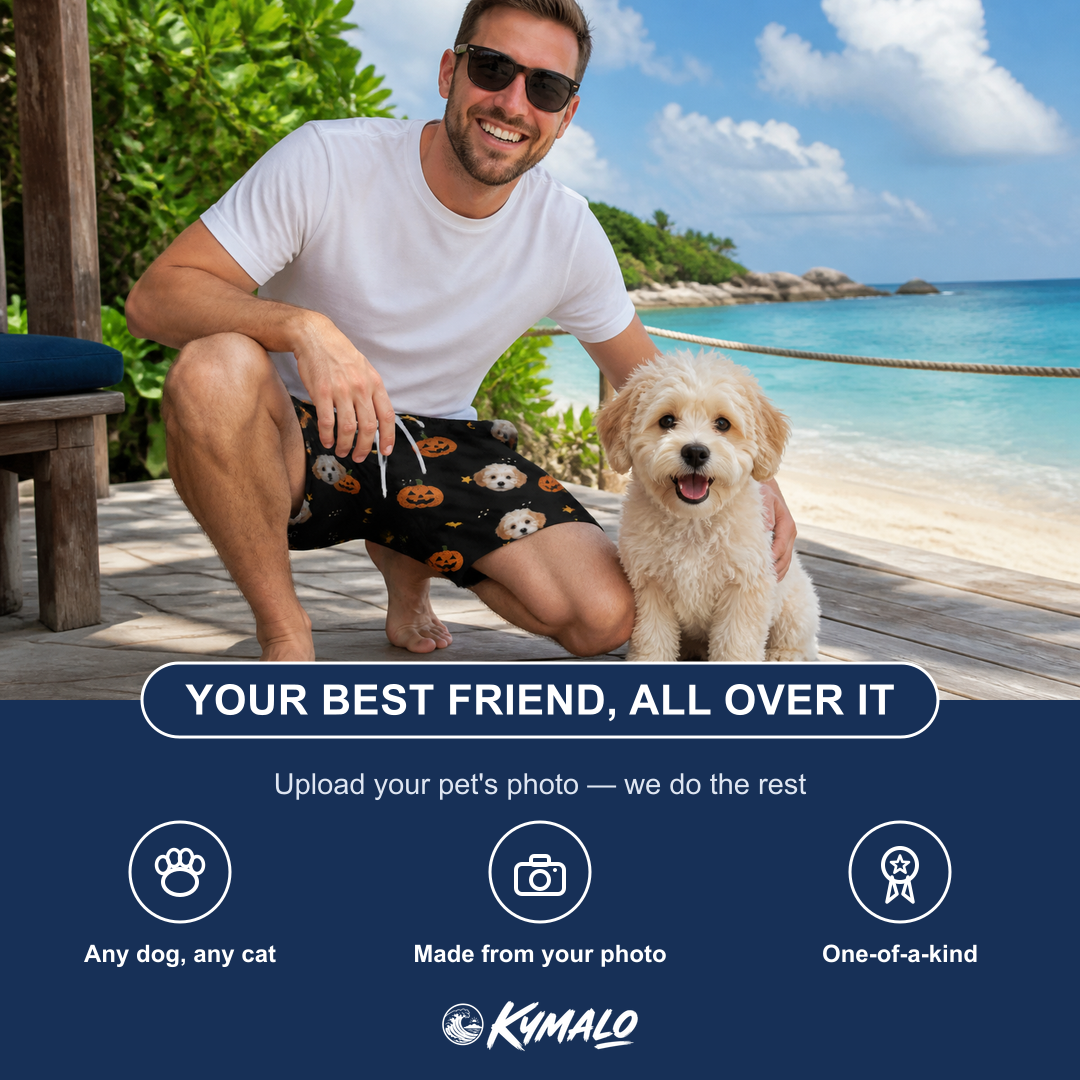 Friends in matching Men's Cackle Carvings Custom Dog Face Beach Shorts — a group gift photo
