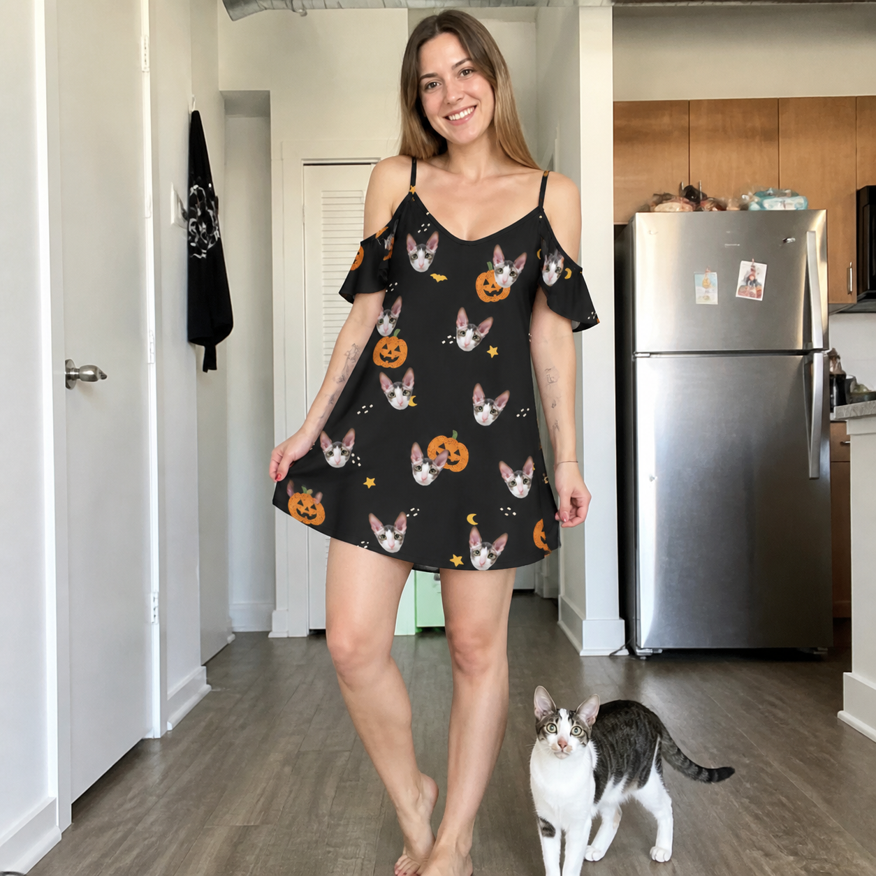 Full-length photo with the pet printed all over this Women's Cackle Carvings Custom Cat Face Off-Shoulder Dress