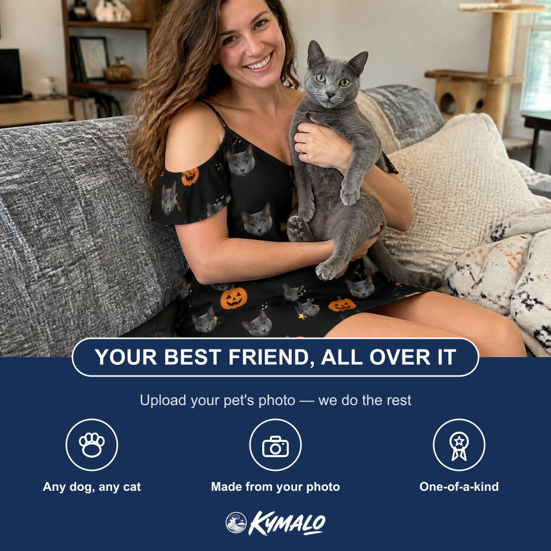 Friends in matching Women's Cackle Carvings Custom Cat Face Off-Shoulder Dress — a group gift photo