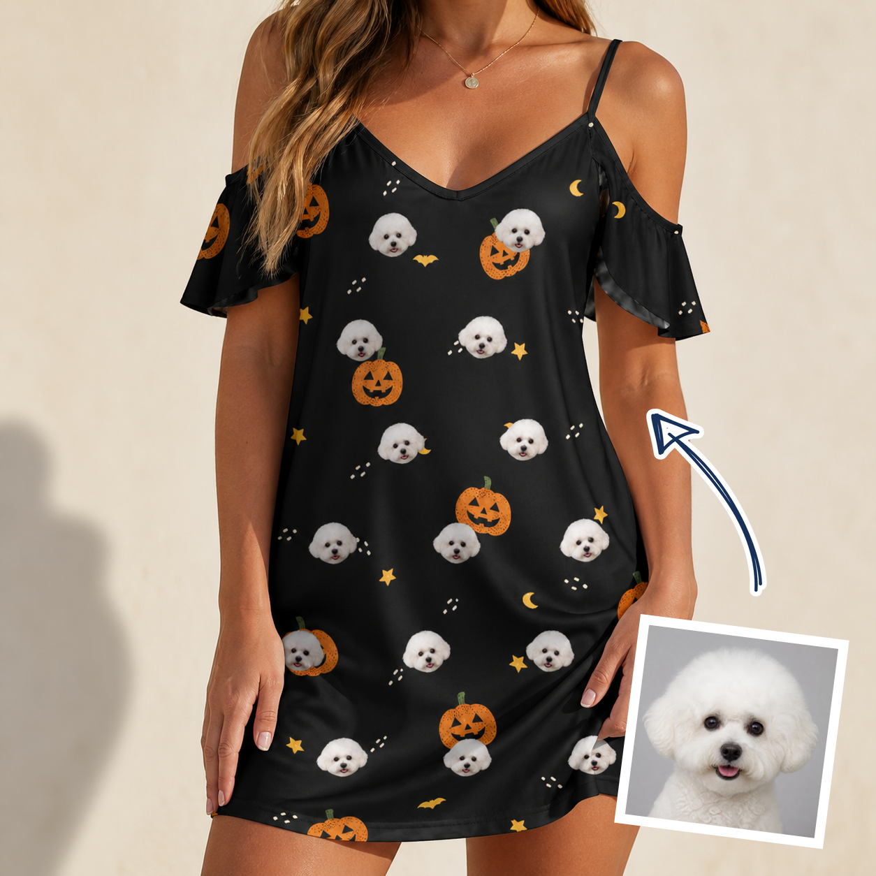 Woman wearing Women's Cackle Carvings Custom Dog Face Off-Shoulder Dress — custom faces printed all-over
