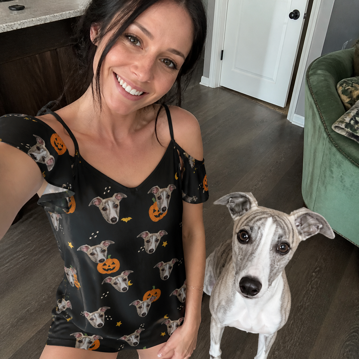 Selfie with the pet whose face is printed all over this Women's Cackle Carvings Custom Dog Face Off-Shoulder Dress