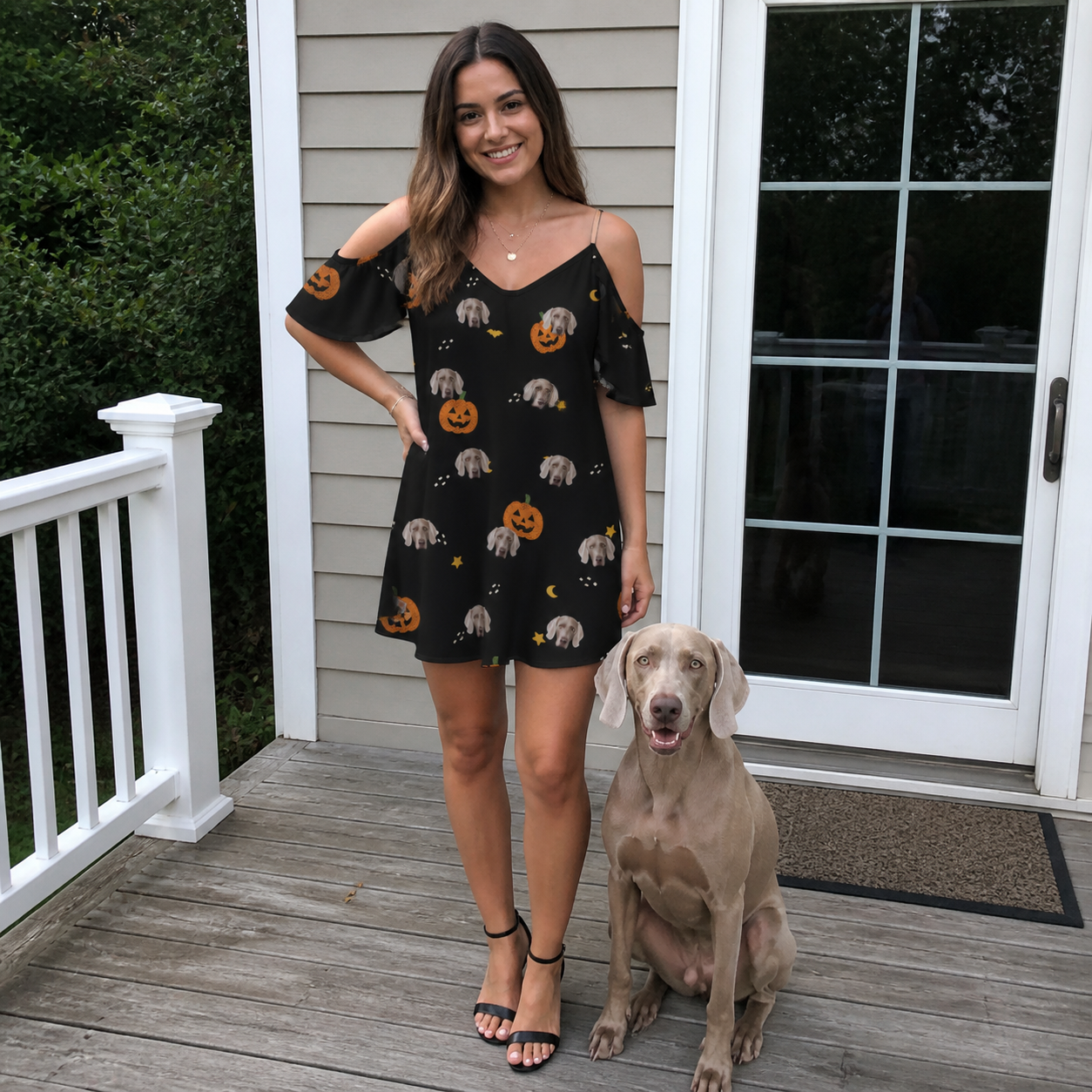 Full-length photo with the pet printed all over this Women's Cackle Carvings Custom Dog Face Off-Shoulder Dress