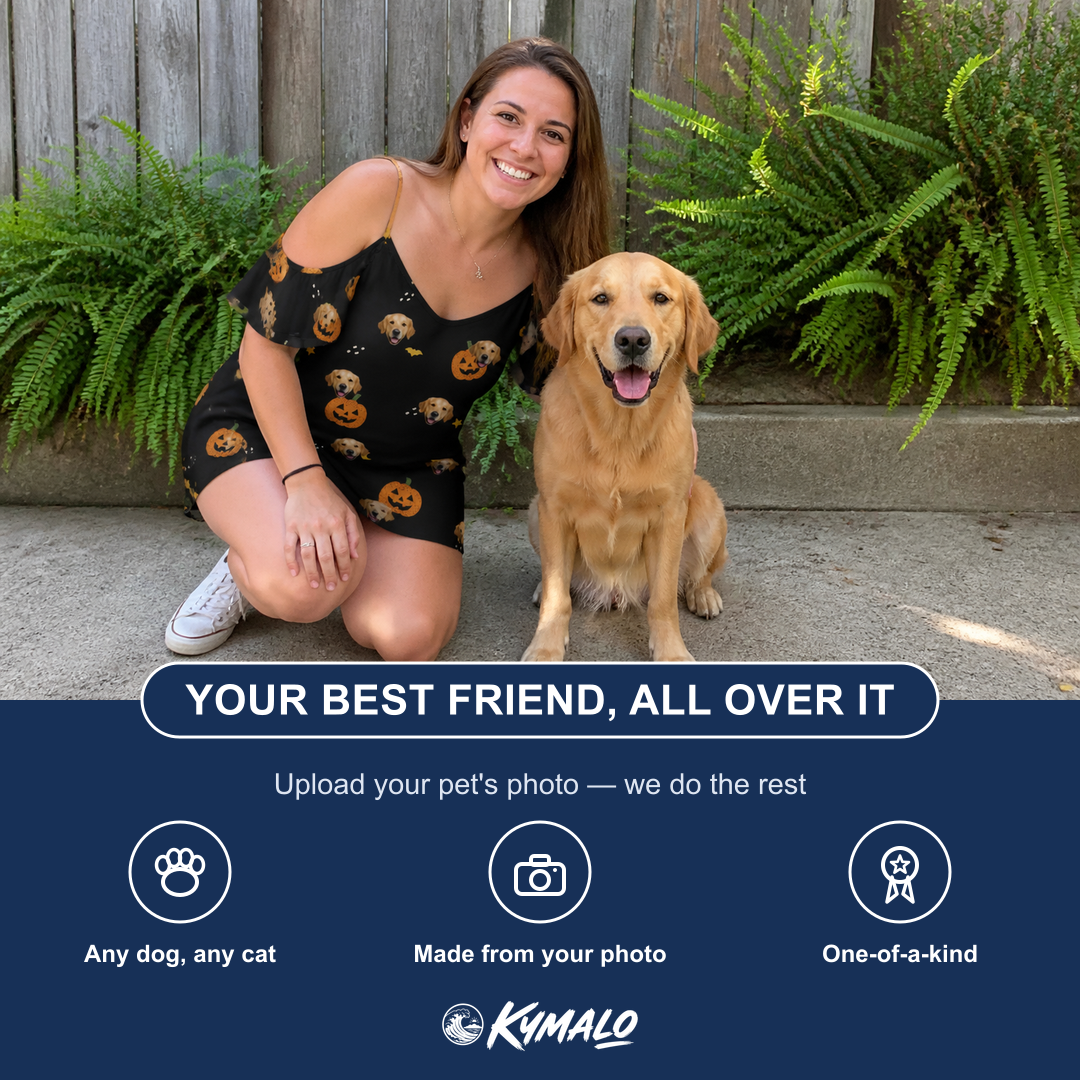 Friends in matching Women's Cackle Carvings Custom Dog Face Off-Shoulder Dress — a group gift photo