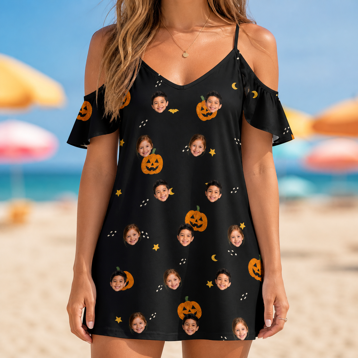Model wearing Women's Cackle Carvings Custom Face Off-Shoulder Dress printed with kids' faces