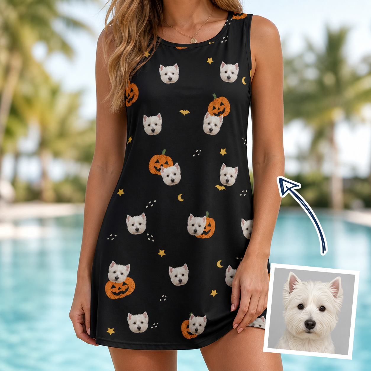 Woman wearing Women's Cackle Carvings Custom Dog Face Tank Dress — custom faces printed all-over