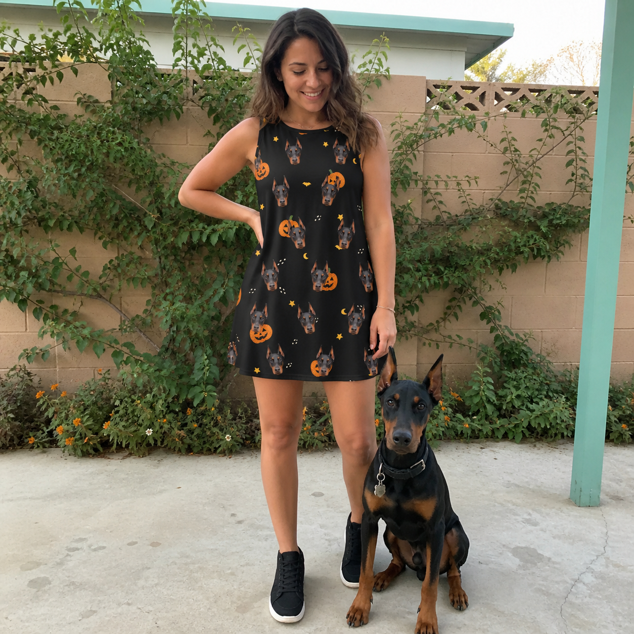Full-length photo with the pet printed all over this Women's Cackle Carvings Custom Dog Face Tank Dress