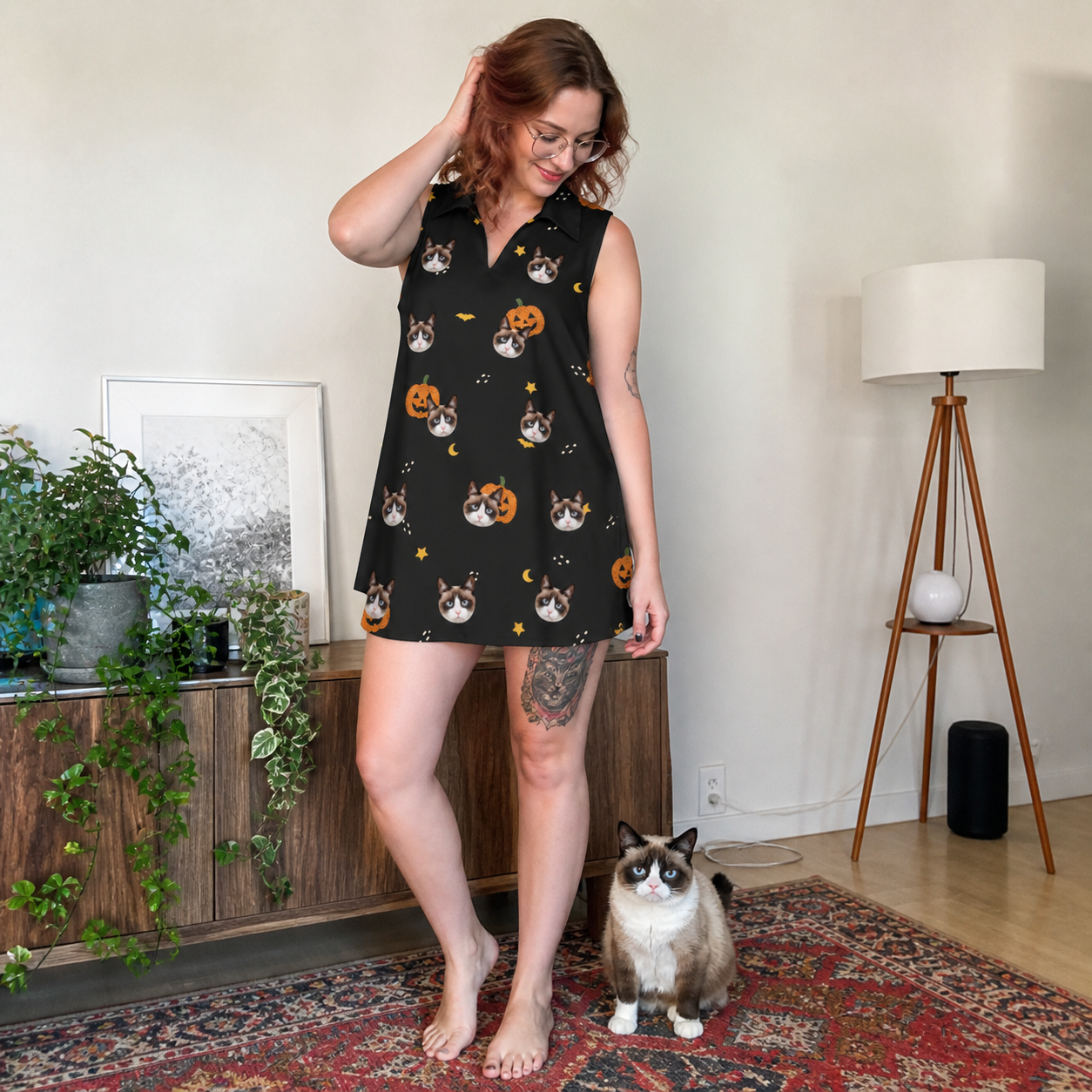 Full-length photo with the pet printed all over this Women's Cackle Carvings Custom Cat Face V-Neck Dress