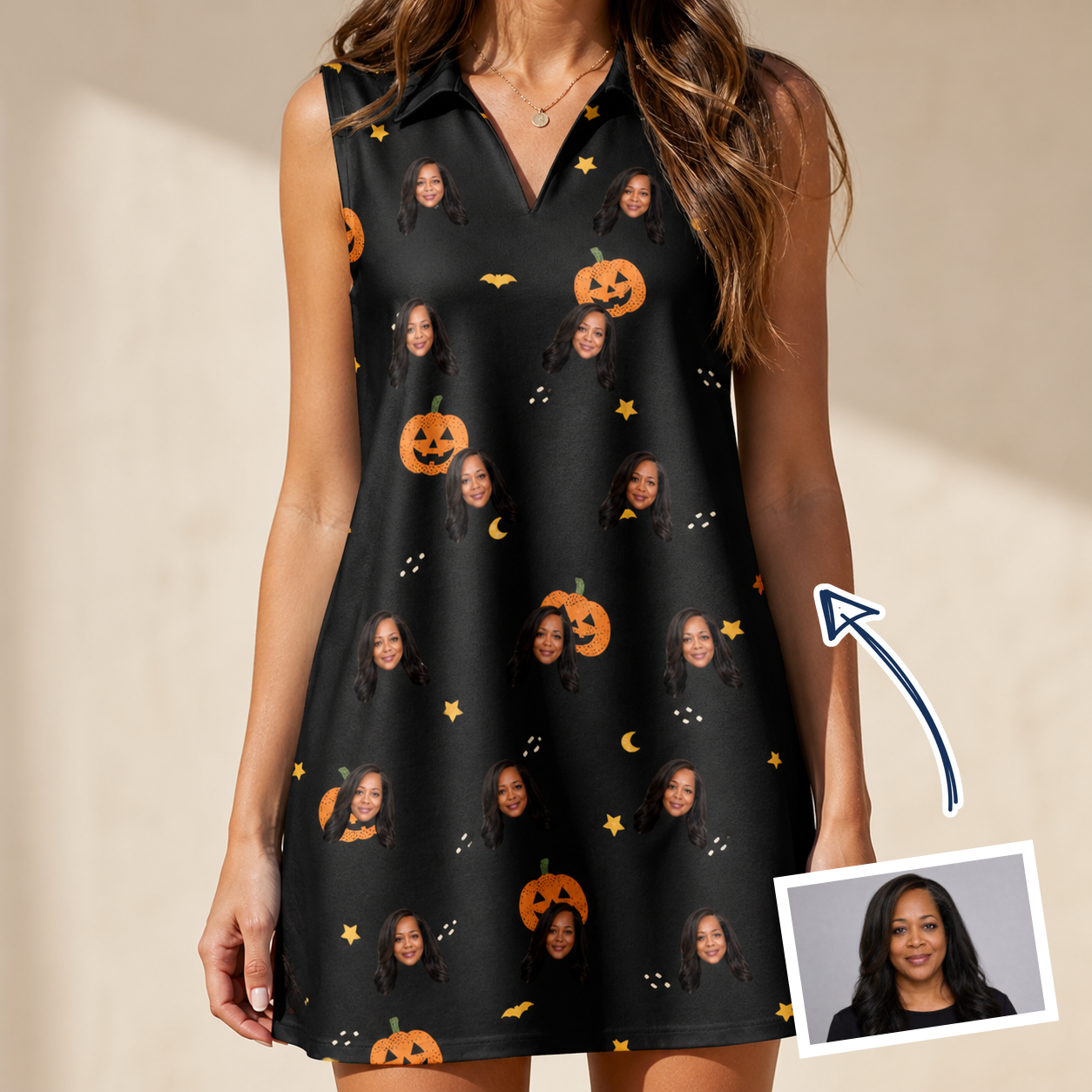 Woman wearing Women's Cackle Carvings Custom Face V-Neck Dress — custom faces printed all-over
