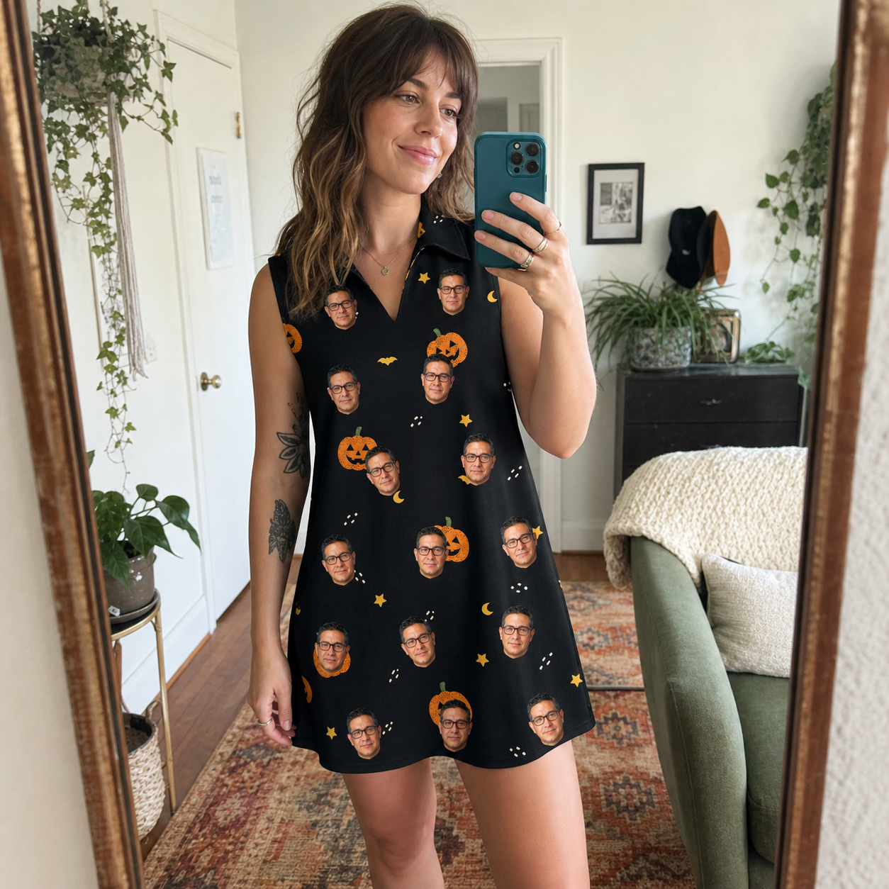 Real-life photo of someone wearing Women's Cackle Carvings Custom Face V-Neck Dress — custom faces printed all-over