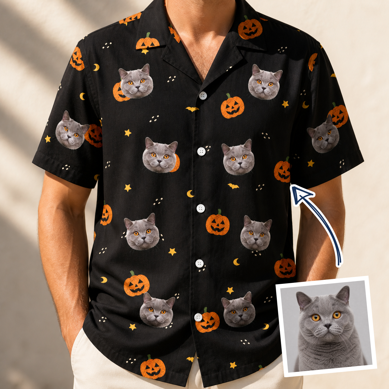 Man wearing Men's Cackle Carvings Custom Cat Face Hawaiian Shirt — custom faces printed all-over