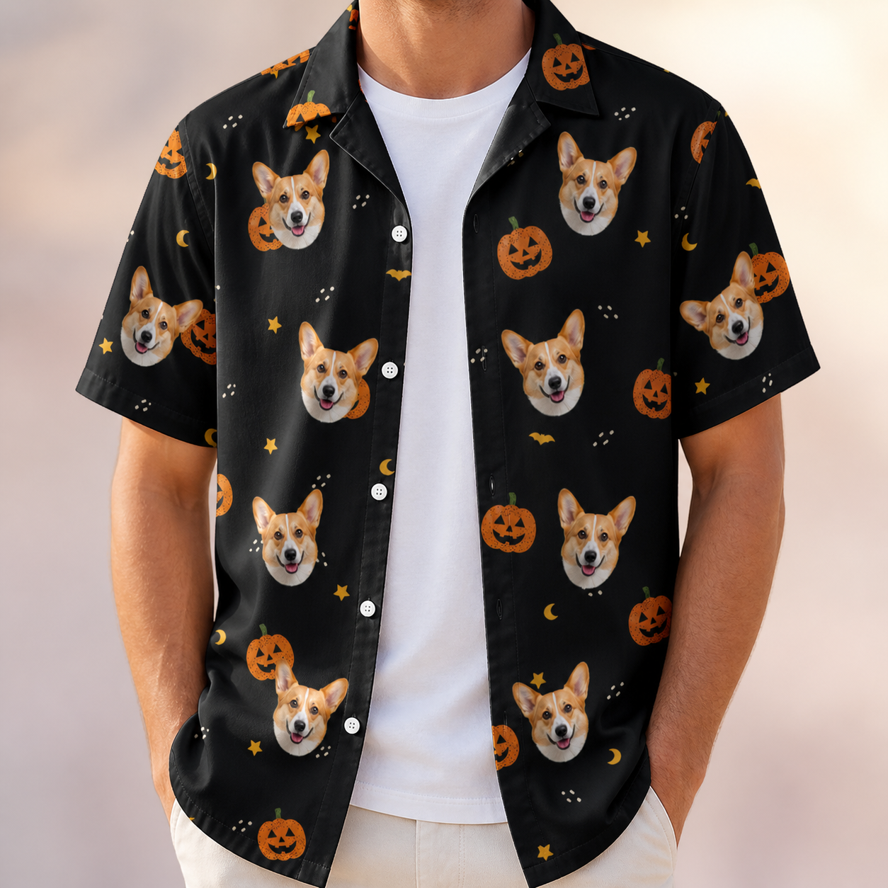 Man wearing Men's Cackle Carvings Custom Dog Face Hawaiian Shirt open over a white tee