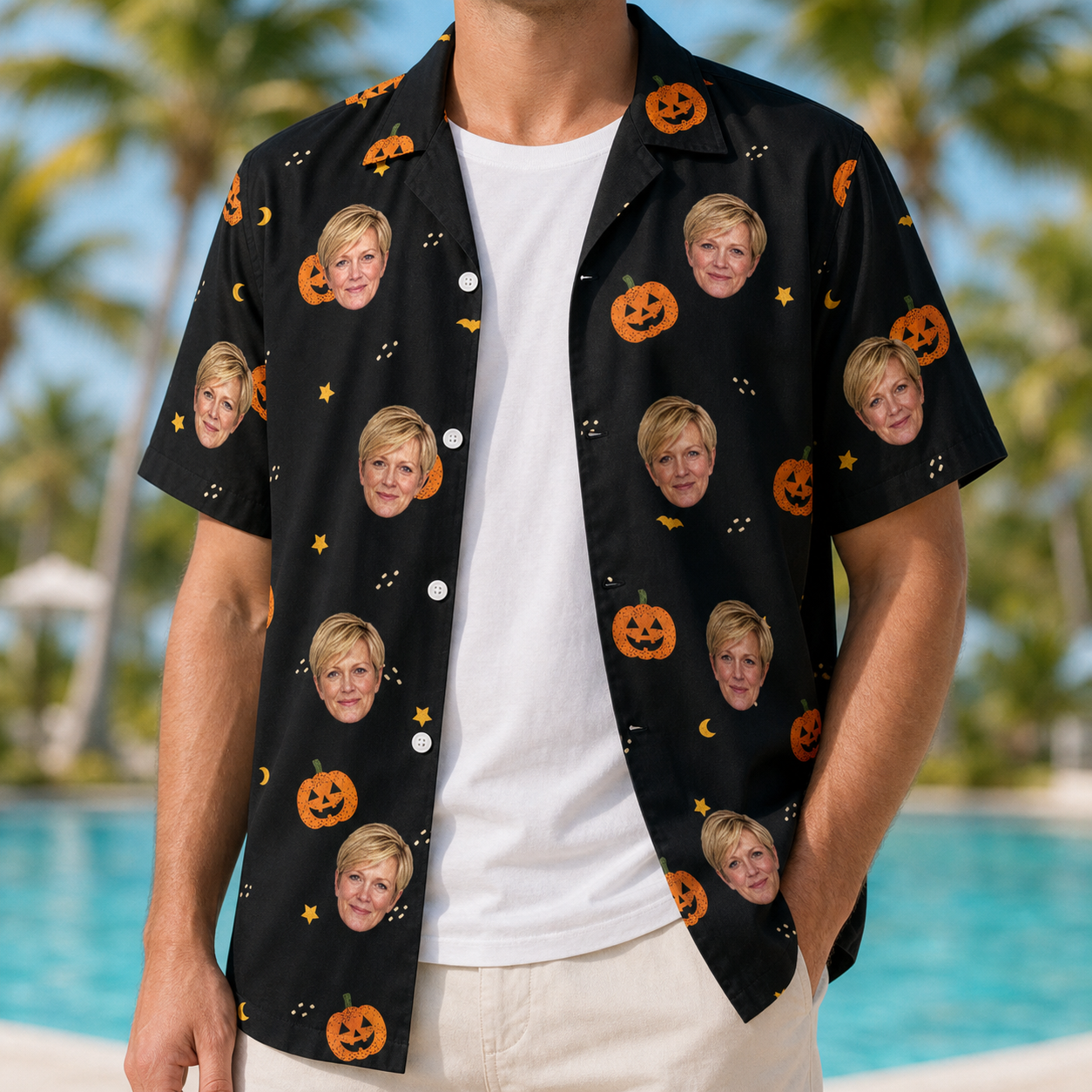 Man wearing Men's Cackle Carvings Custom Face Hawaiian Shirt open over a white tee
