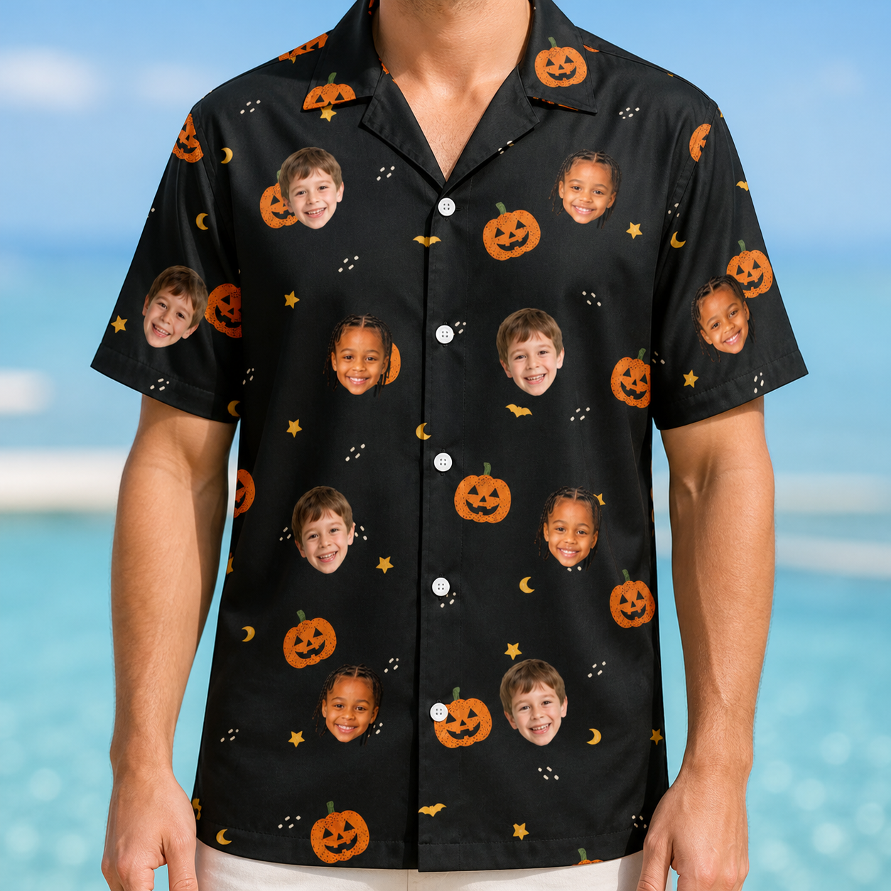 Model wearing Men's Cackle Carvings Custom Face Hawaiian Shirt printed with kids' faces